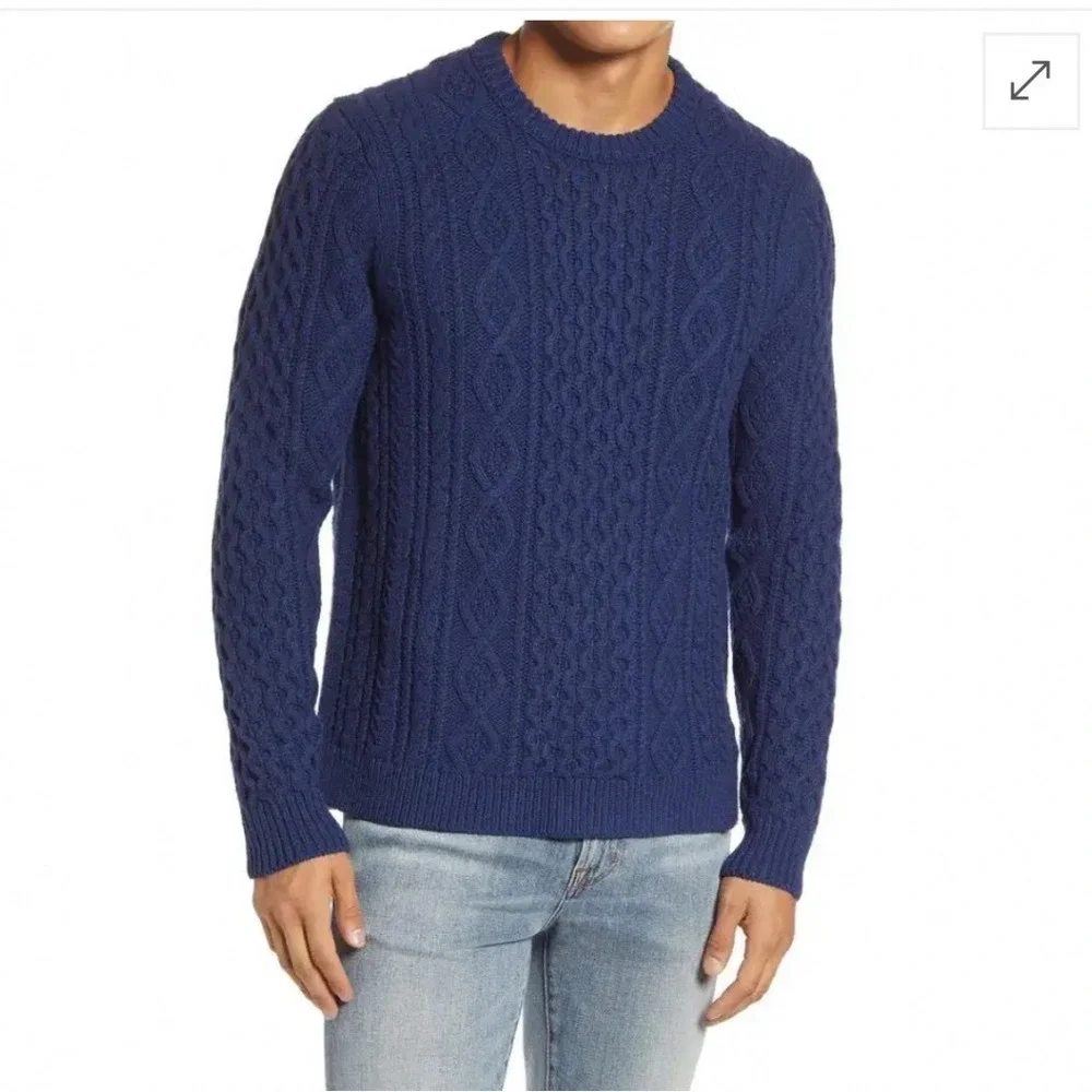 Outerknown Mens Navy Blue Wool Organic Cotton Cable Knit Fisherman Sweater L